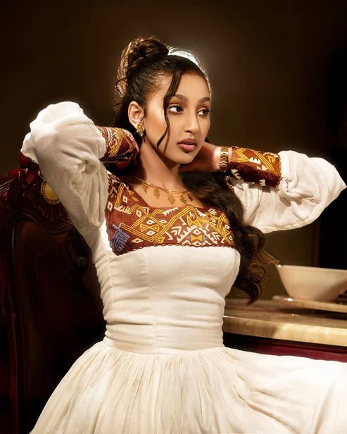 Unique Golden Ethiopian Dress | Handcrafted Habesha Dress with Tilf - EthGebya