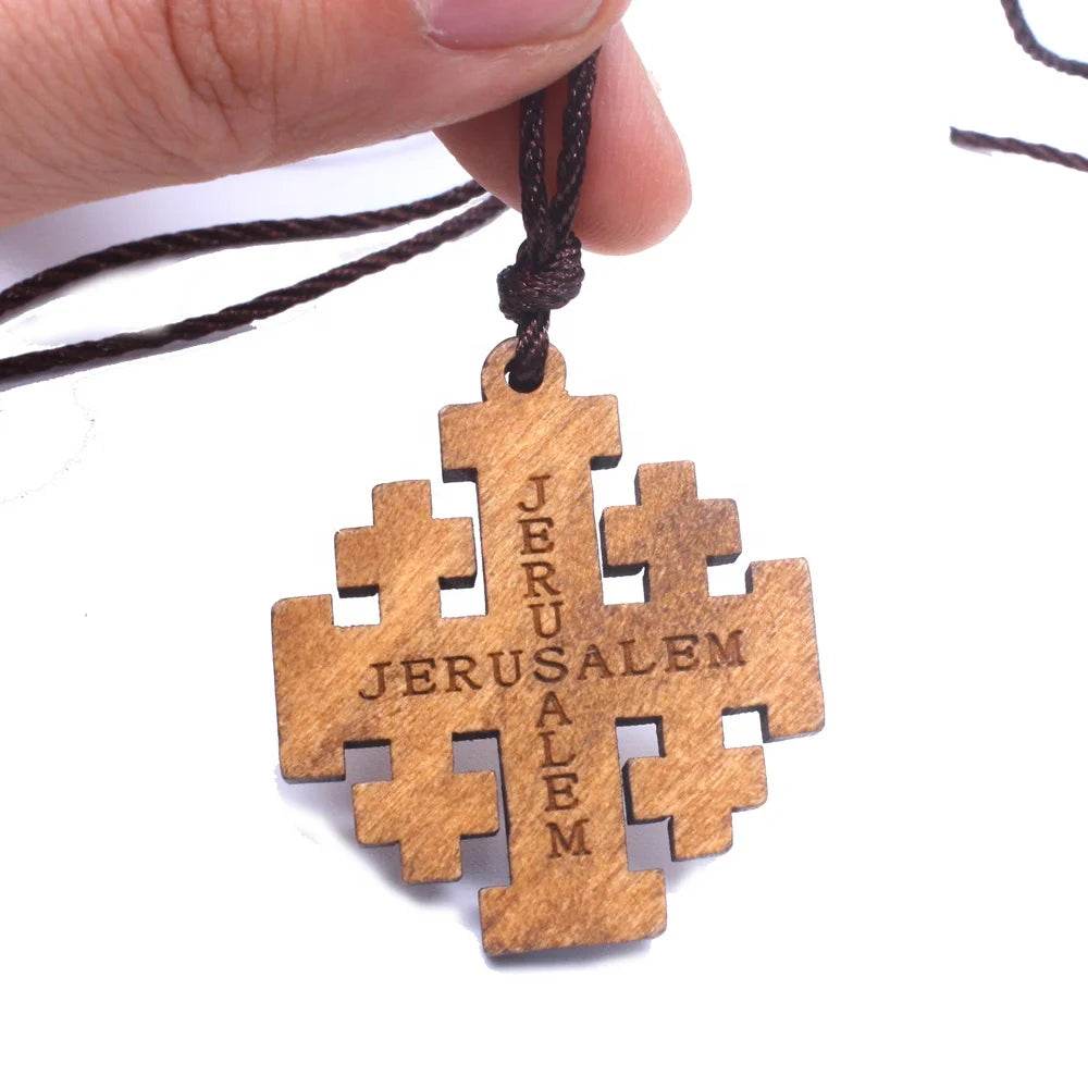 Wood Jerusalem Cross Necklace, Wood Religious necklace - EthGebya