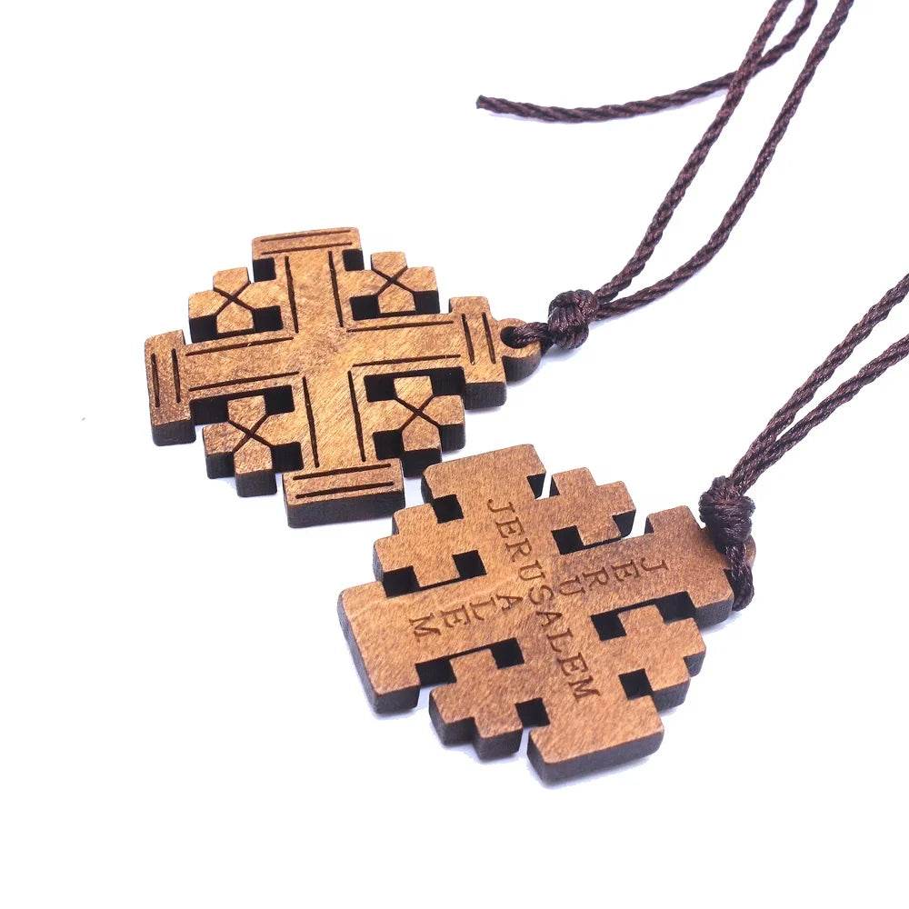 Wood Jerusalem Cross Necklace, Wood Religious necklace - EthGebya