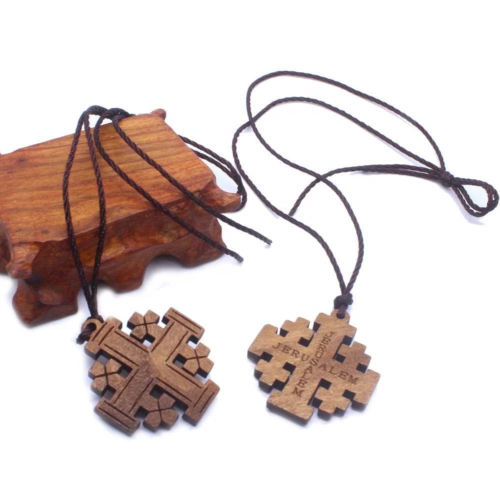 Wood Jerusalem Cross Necklace, Wood Religious necklace - EthGebya
