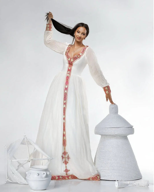 Zuria Kemis | Modern Ethiopian Traditional Dress with Tilf Embroidery - EthGebya
