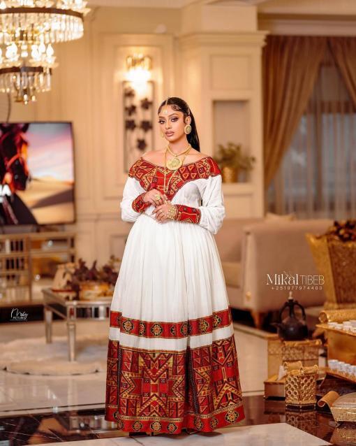 Zurya Handwoven Cotton Dress with Embroidery & Netela - EthGebya