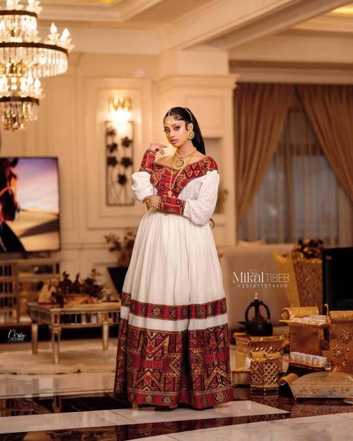 Zurya Handwoven Cotton Dress with Embroidery & Netela - EthGebya