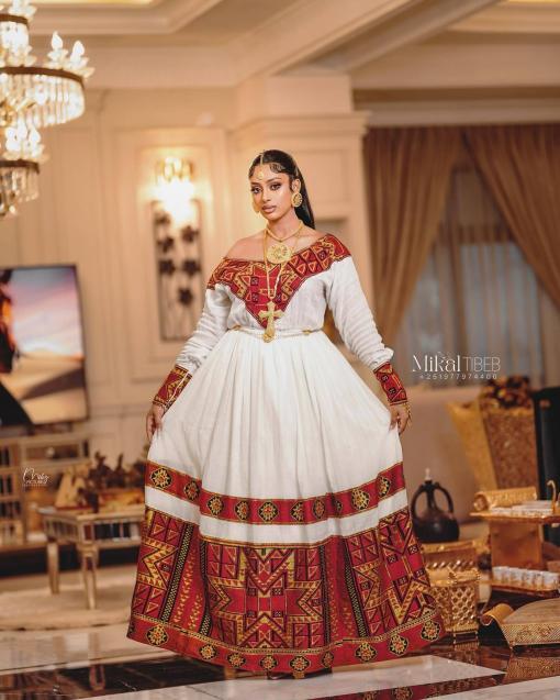 Zurya Handwoven Cotton Dress with Embroidery & Netela - EthGebya