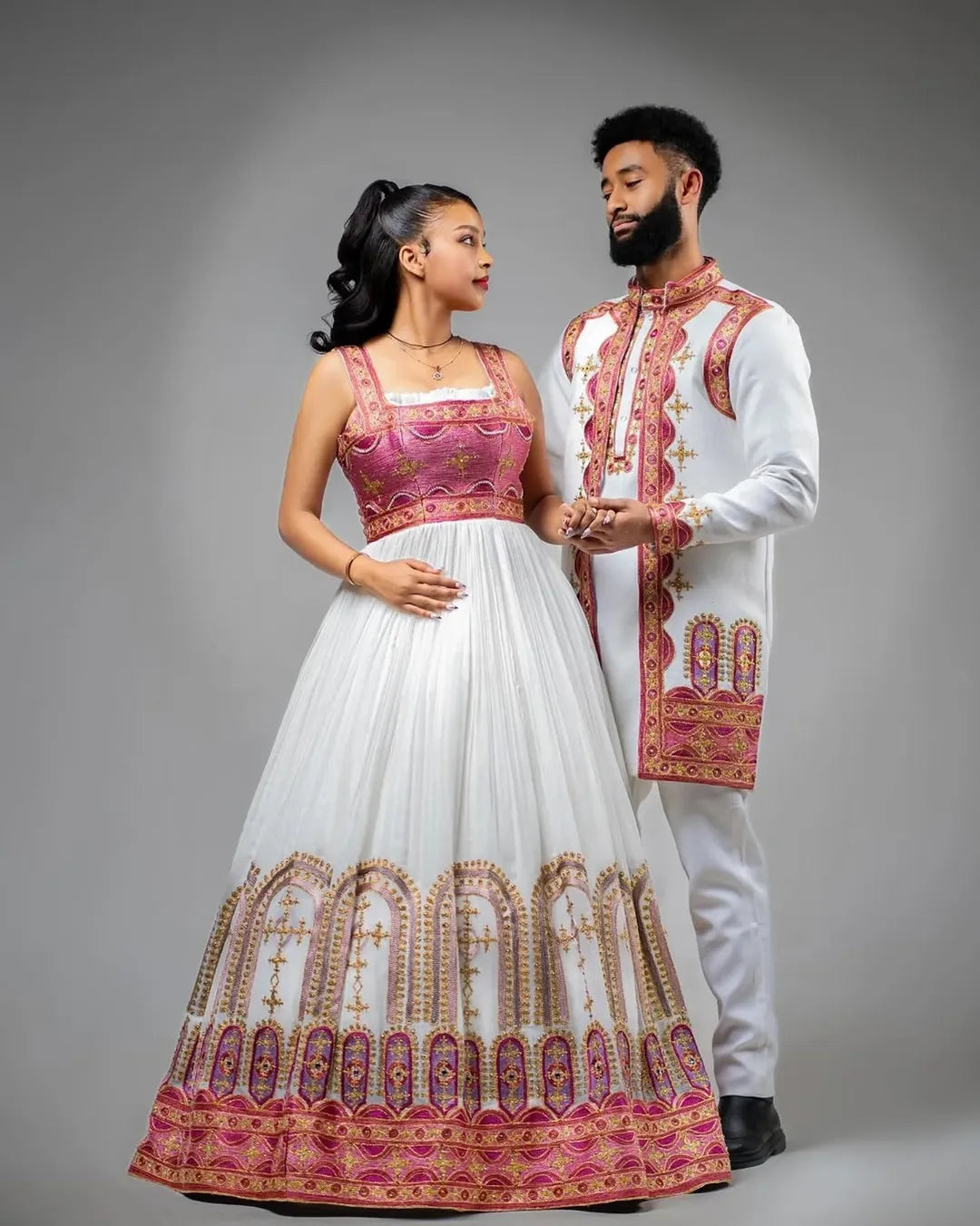 Rose Gold Habesha Couples Outfit | Modern Ethiopian Matching Set