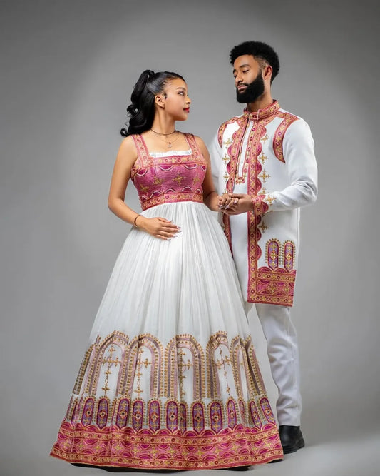 Rose Gold Habesha Couples Outfit | Modern Ethiopian Matching Set
