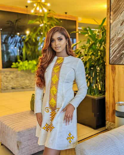 Modern Yellow Lightweight Short Habesha Kemis Ethiopian Dress ethgebya habesha kemis gebeya