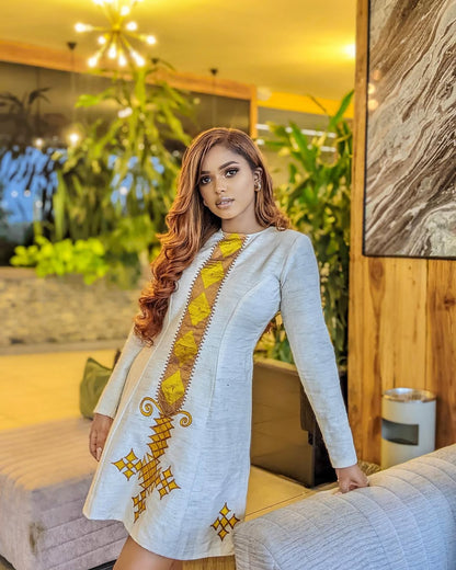 Modern Yellow Lightweight Short Habesha Kemis Ethiopian Dress ethgebya habesha kemis gebeya