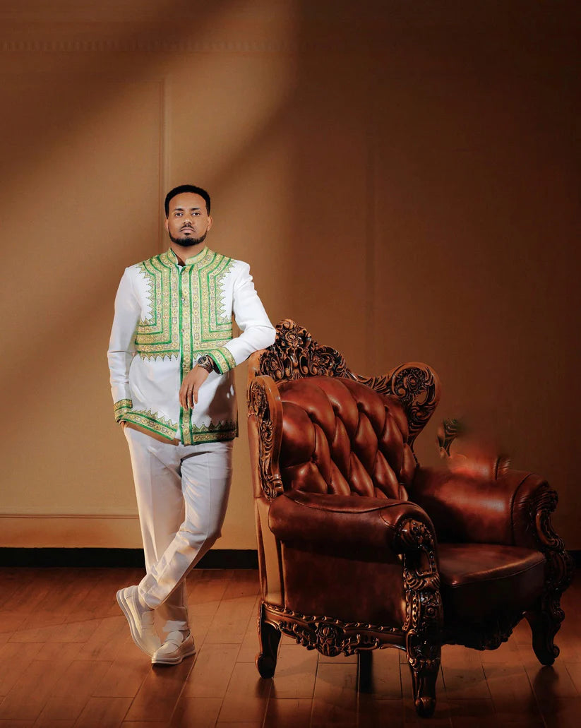 Modern Green Habesha Men’s Shirt Stylish Ethiopian Traditional Wear ethgebya gebeya