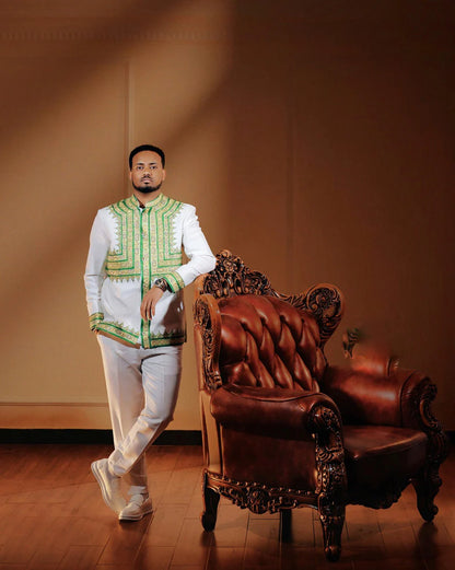 Modern Green Habesha Men’s Shirt Stylish Ethiopian Traditional Wear ethgebya gebeya