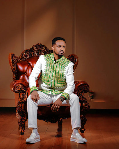 Modern Green Habesha Men’s Shirt Stylish Ethiopian Traditional Wear ethgebya gebeya