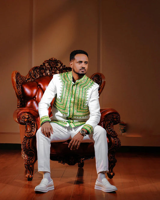 Modern Green Habesha Men’s Shirt Stylish Ethiopian Traditional Wear ethgebya gebeya