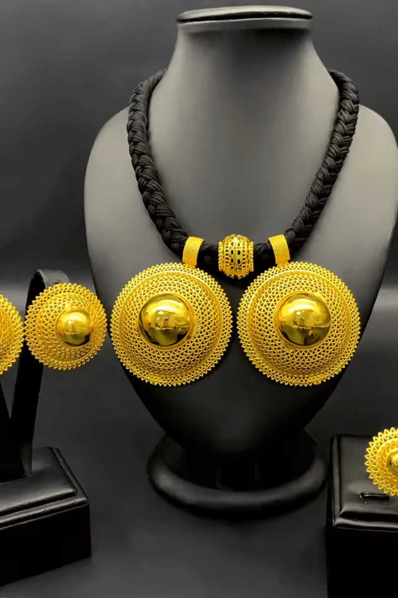 24K Gold Plated Habesha 3 Set Jewelry Set, Black Rope Necklace - EthGebya