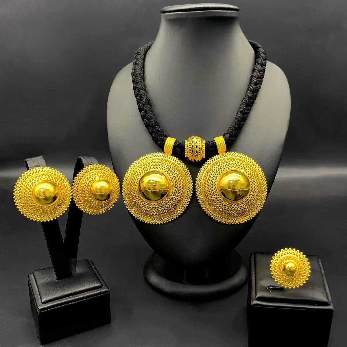 24K Gold Plated Habesha 3 Set Jewelry Set, Black Rope Necklace - EthGebya