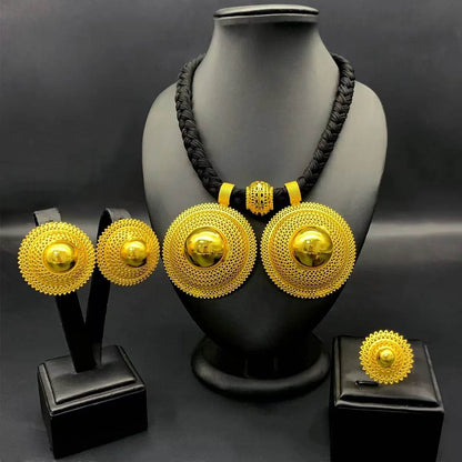 24K Gold Plated Habesha 3 Set Jewelry Set, Black Rope Necklace - EthGebya