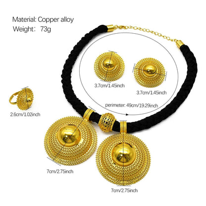 24K Gold Plated Habesha 3 Set Jewelry Set, Black Rope Necklace - EthGebya