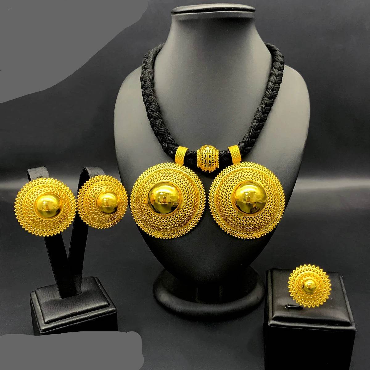 24K Gold Plated Habesha 3 Set Jewelry Set, Black Rope Necklace - EthGebya