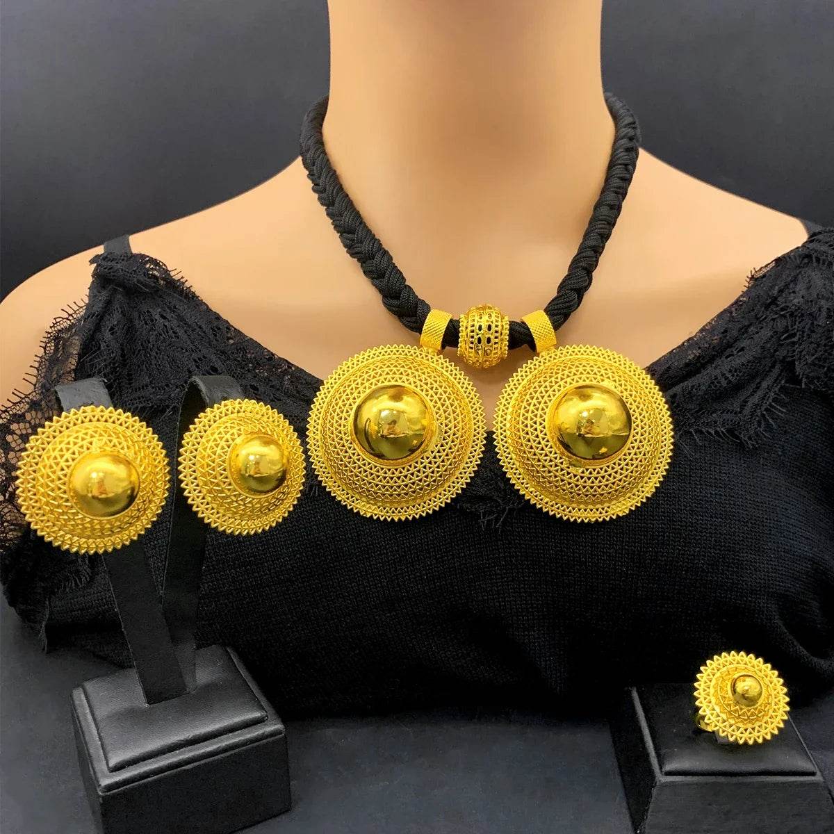 24K Gold Plated Habesha Jewelry Set, Black Rope Necklace Ethiopian & Eritrean Bridal Wedding Jewelry - EthGebya