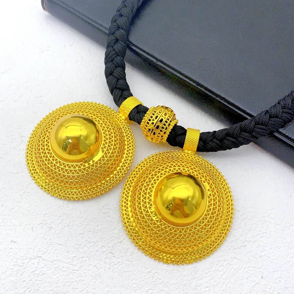 24K Gold Plated Habesha Jewelry Set, Black Rope Necklace Ethiopian & Eritrean Bridal Wedding Jewelry - EthGebya