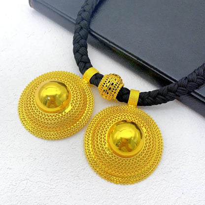 24K Gold Plated Habesha Jewelry Set, Black Rope Necklace Ethiopian & Eritrean Bridal Wedding Jewelry - EthGebya