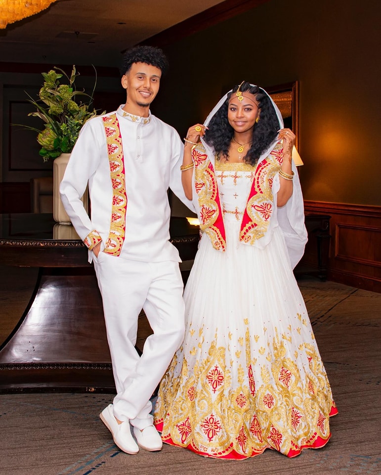 Ethiopian Red & Gold Habesha Wedding Attire Matching Couples Set Ethgebya