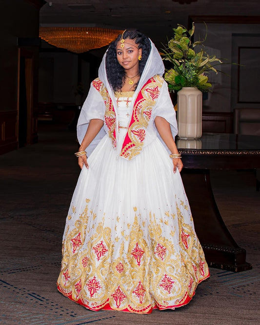 Ethiopian Red & Gold Habesha Wedding Attire Matching Couples Set Ethgebya