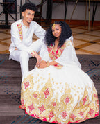 Ethiopian Red & Gold Habesha Wedding Attire Matching Couples Set Ethgebya