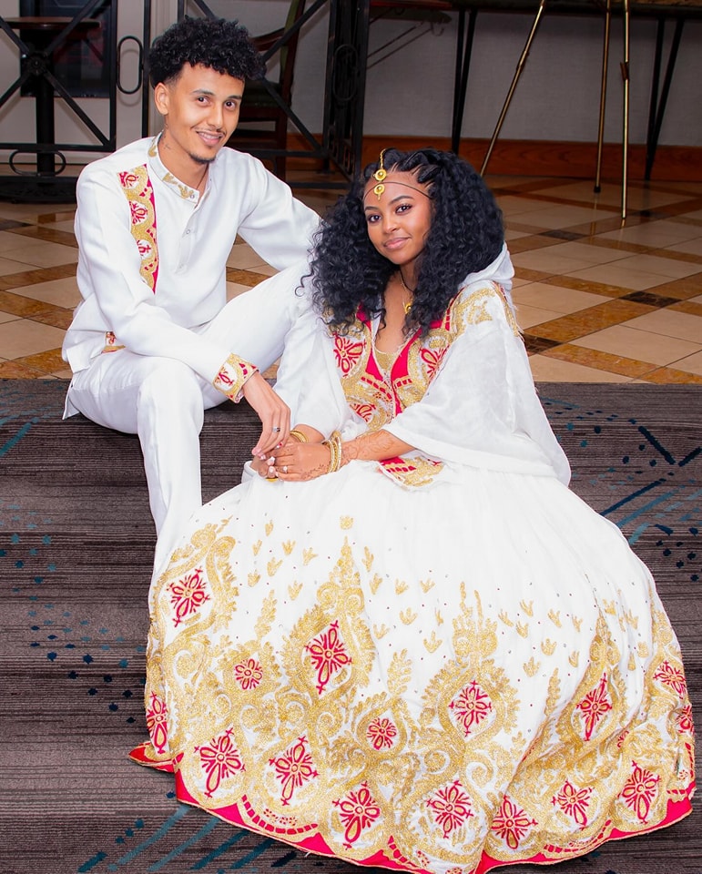 Ethiopian Red & Gold Habesha Wedding Attire Matching Couples Set Ethgebya