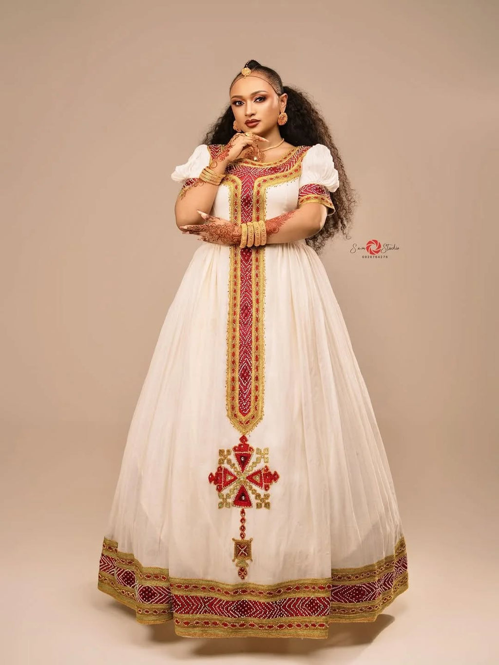 Modern Red & Gold Zuria Kemis | Tilf Embroidered Ethiopian Dress