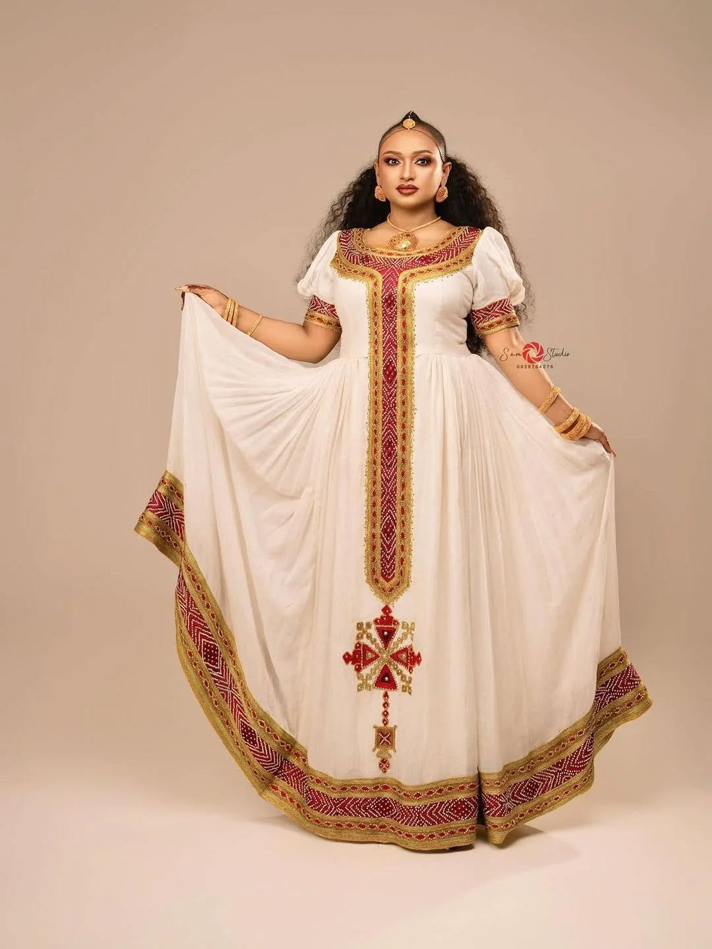 Modern Red & Gold Zuria Kemis | Tilf Embroidered Ethiopian Dress