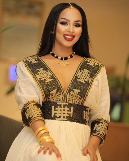 Black & Gold Modern Zuria Habesha Kemis | Elegant Ethiopian Dress