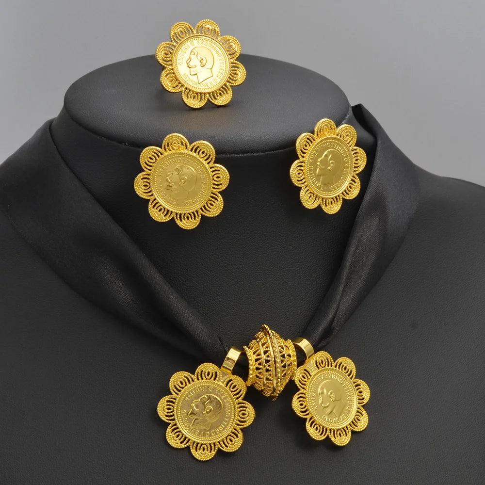 Ethiopian Eritrean Coin Jewelry Set | Necklace Earrings Rings for Women