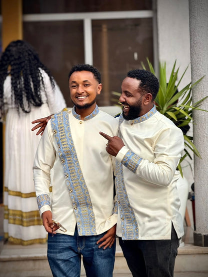 Two men in traditional attire standing together outdoors Modern Habesha Shirt for Men New Ethiopian Cultural Tilet Clothing Ethgebya