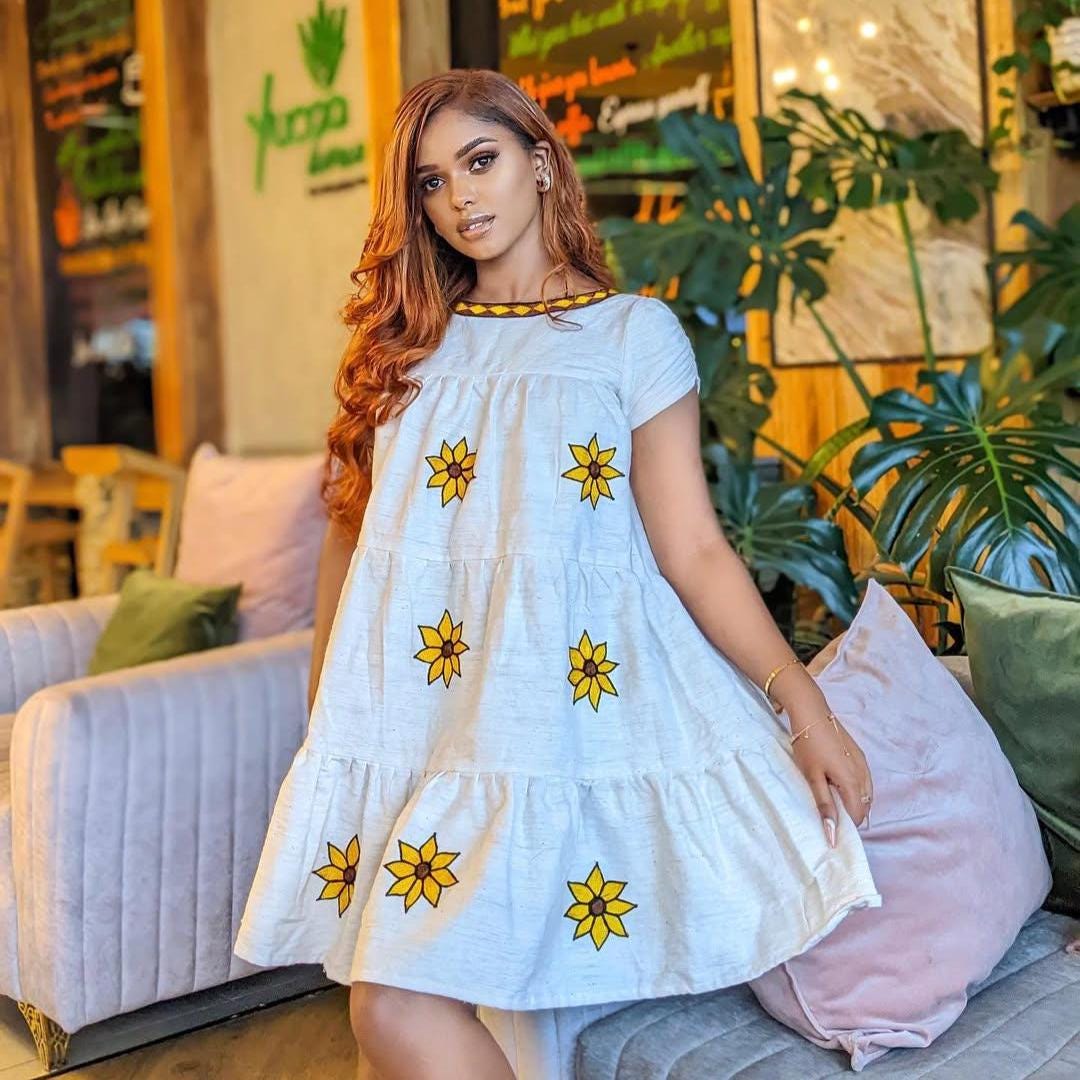 Lightweight Short Habesha Dress for Women: Modern Fetil Fabric Summer Ethiopian Kemis, Simple Traditional Dress, Free-Size Cultural Outfit
