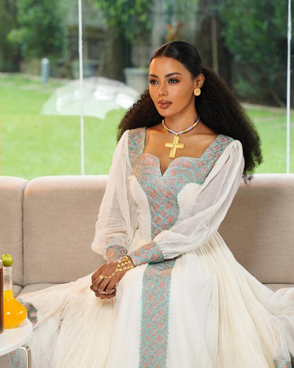 Light Green Zuria Habesha Kemis | New Handcrafted Ethiopian Dress