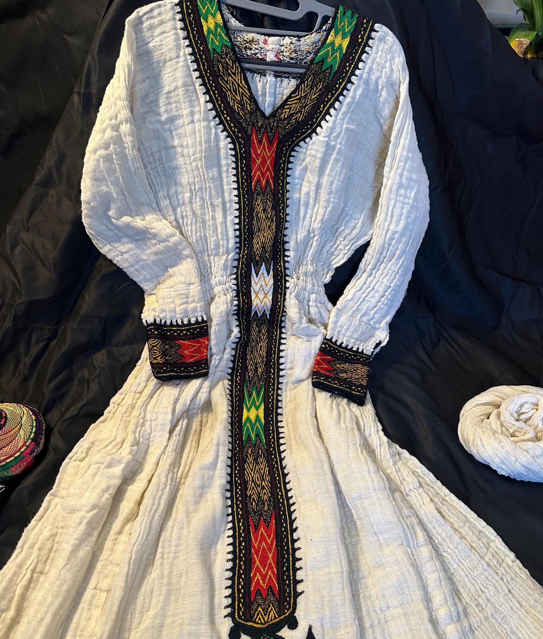Traditional Habesha Tilet embroidered dress with colorful patterns, Cotton Ethiopian Cultural Dress, Eritrean Kemis