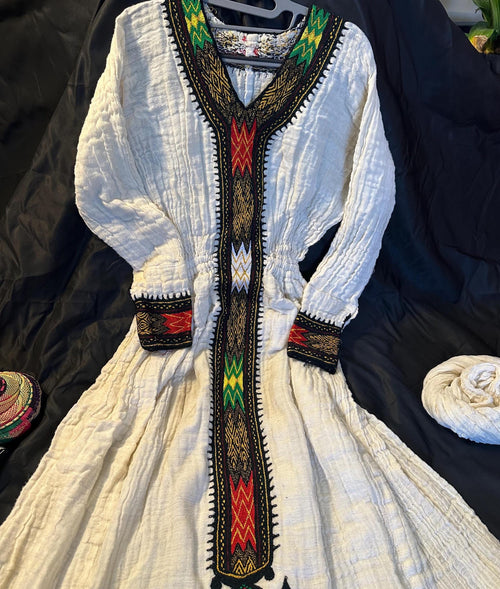 Traditional Habesha Tilet embroidered dress with colorful patterns, Cotton Ethiopian Cultural Dress, Eritrean Kemis