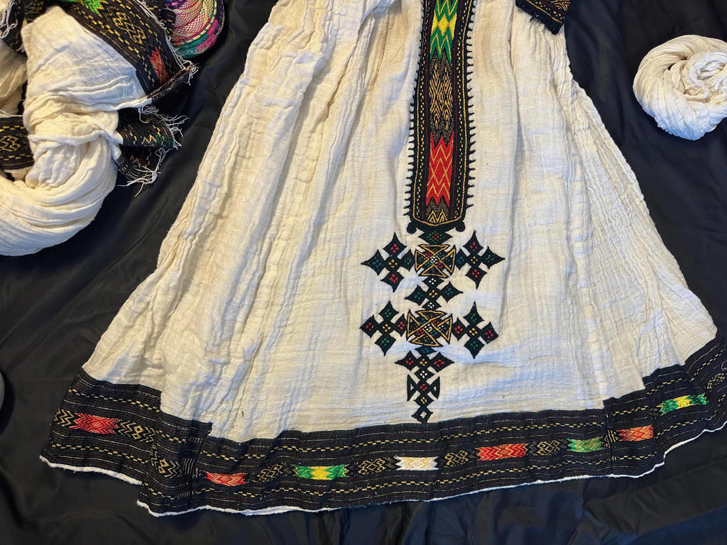 Traditional Habesha Tilet embroidered dress with colorful patterns, Cotton Ethiopian Cultural Dress, Eritrean Kemis