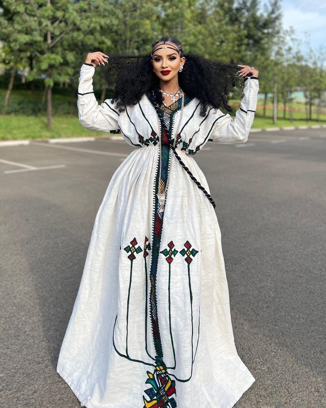 Habesha Kemis: Ethiopian Traditional Clothing, Eritrean Attire, Habesha Cultural Dress, Custom Fit, Fetil Kemis, Handwoven Ye Gondar Dress,