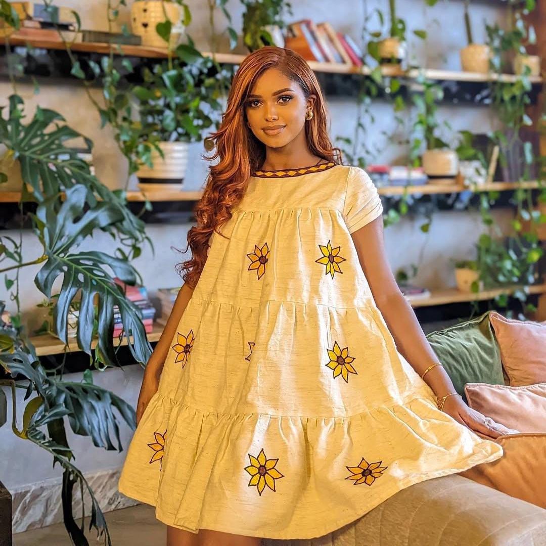 Lightweight Short Habesha Dress for Women: Modern Fetil Fabric Summer Ethiopian Kemis, Simple Traditional Dress, Free-Size Cultural Outfit