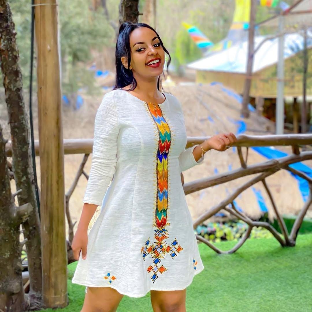 Simple Tilf Design Habesha Dress for Women: New Short Modern Ethiopian Kemis in Fetil Fabric, Handwoven Eritrean Cultural Lightweight Outfit