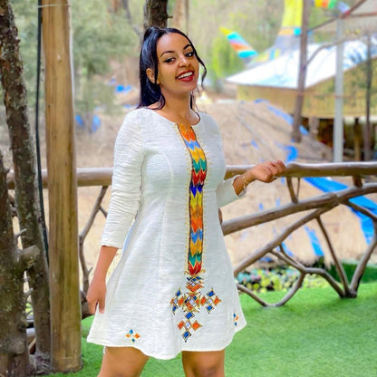 Simple Tilf Design Habesha Dress for Women: New Short Modern Ethiopian Kemis in Fetil Fabric, Handwoven Eritrean Cultural Lightweight Outfit