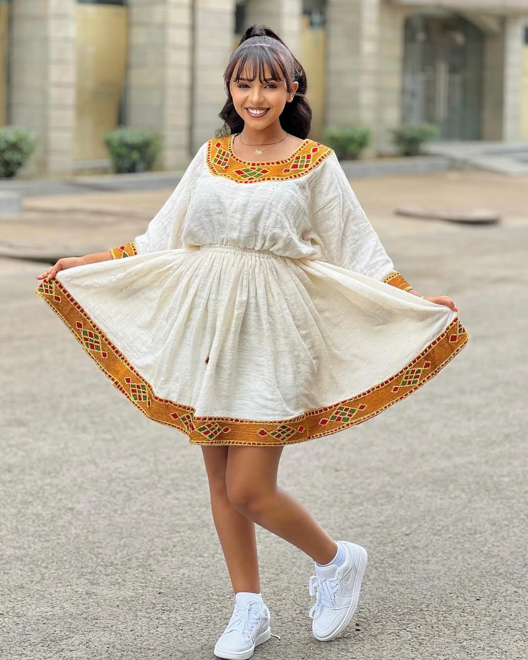 New Short Habesha Dress for Women, Golden Embroidered Modern Ethiopian Kemis, Handwoven Eritrean Zuria Attire, Elegant Traditional Clothing