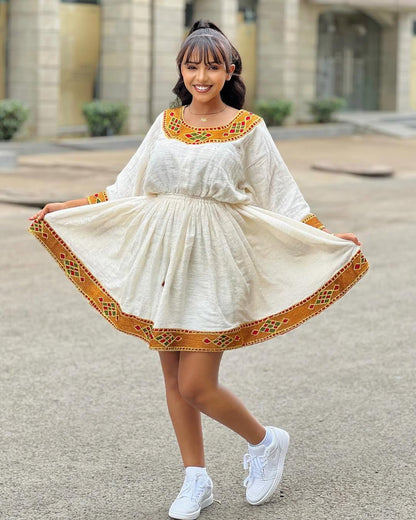 New Short Habesha Dress for Women, Golden Embroidered Modern Ethiopian Kemis, Handwoven Eritrean Zuria Attire, Elegant Traditional Clothing