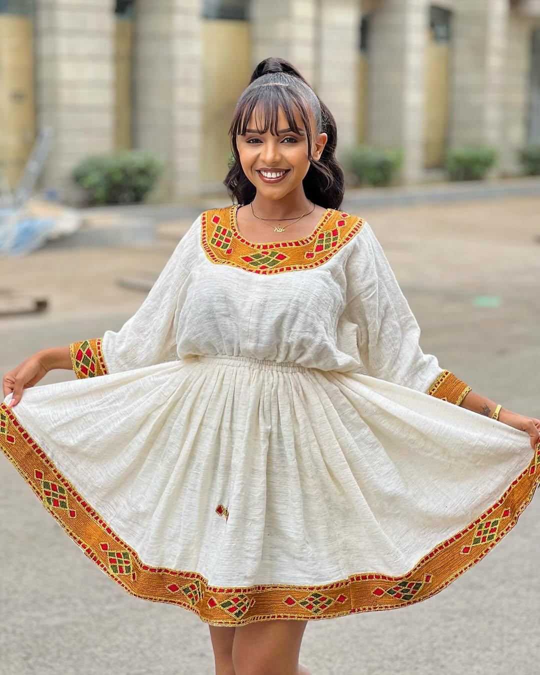 New Short Habesha Dress for Women, Golden Embroidered Modern Ethiopian Kemis, Handwoven Eritrean Zuria Attire, Elegant Traditional Clothing