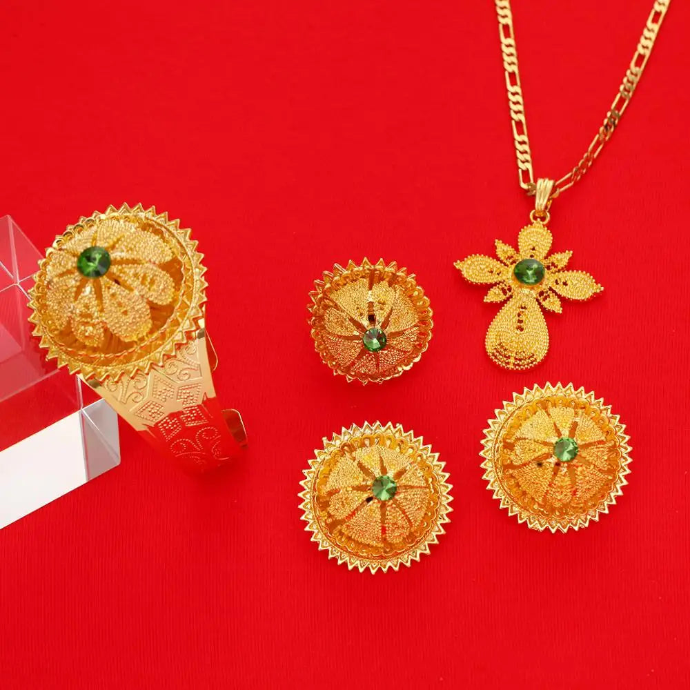 Gold Color Ethiopian Jewelry Set | Red, Blue & Green Stones