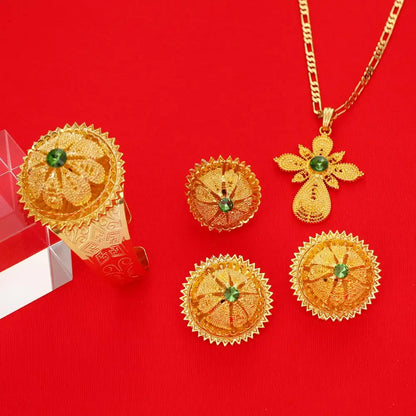 Gold Color Ethiopian Jewelry Set | Red, Blue & Green Stones
