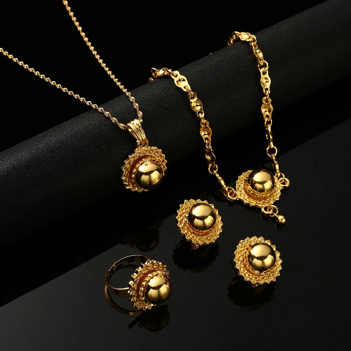 Gold Ethiopian Jewelry Set 4pcs | Earrings, Necklace & Ring for Women