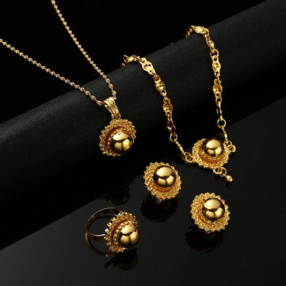 Gold Ethiopian Jewelry Set 4pcs | Earrings, Necklace & Ring for Women