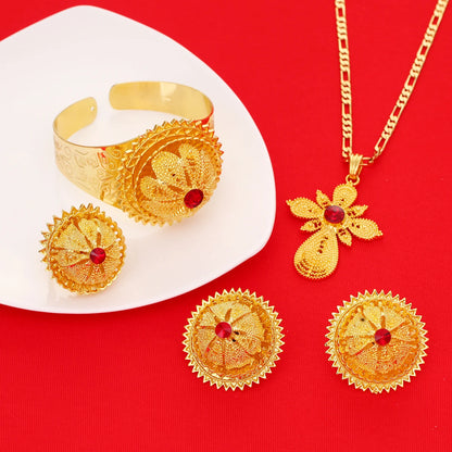 Gold Color Ethiopian Jewelry Set | Red, Blue & Green Stones